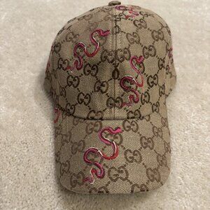 Gucci Pink Snake Print Canvas Baseball Cap